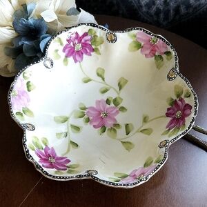Antique Pink Flower Bowl with Blue & White Raised Dotted Scallop Rim Japan